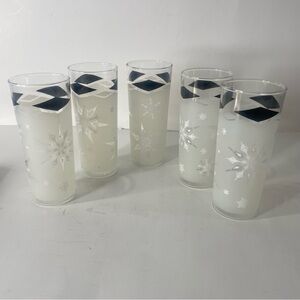 5 Anchor Hocking Atomic Snowflakes Tumbler Frosted Black Diamonds Glasses